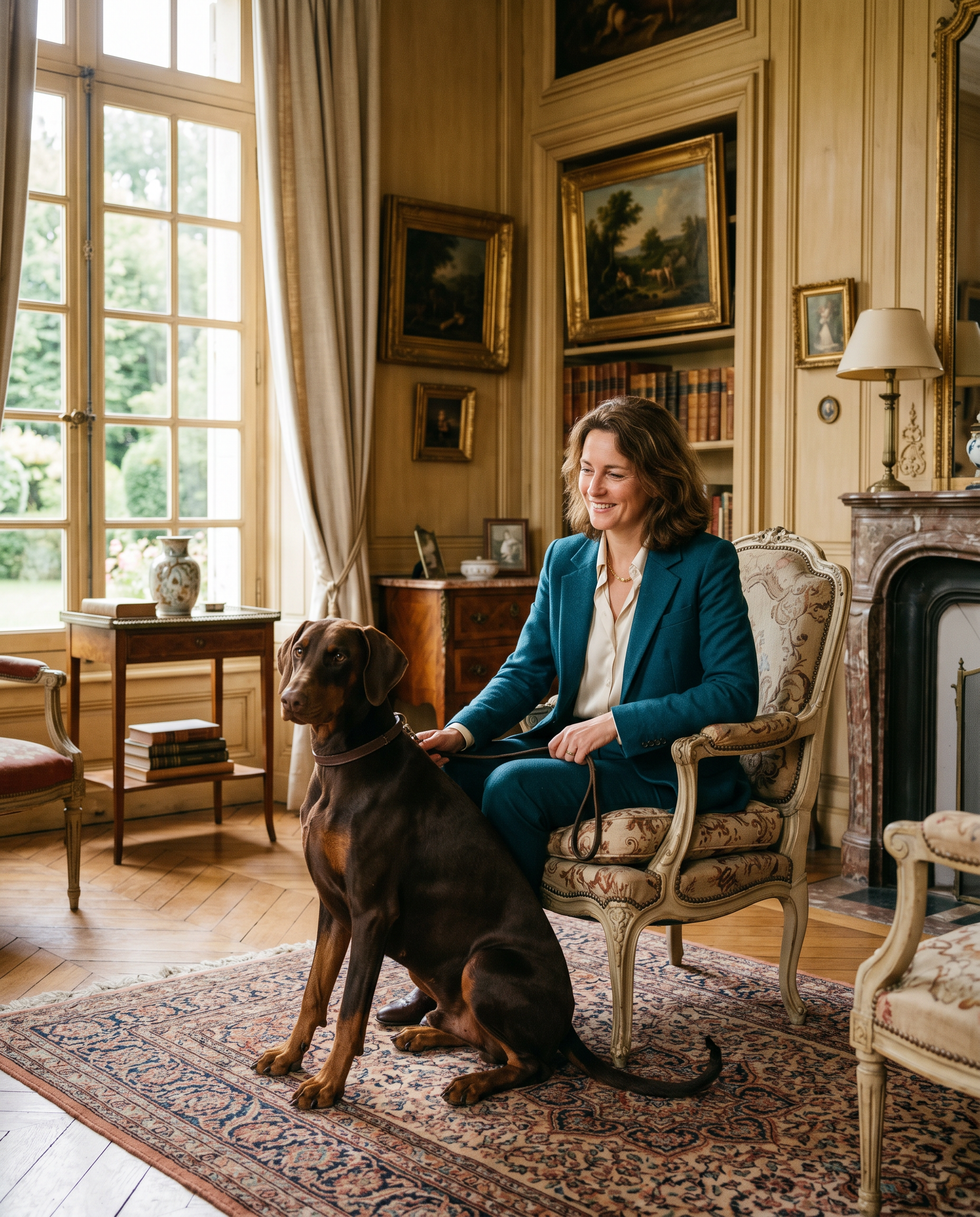 Camille Veyrac avec une Dobermann naturelle dans le salon du domaine