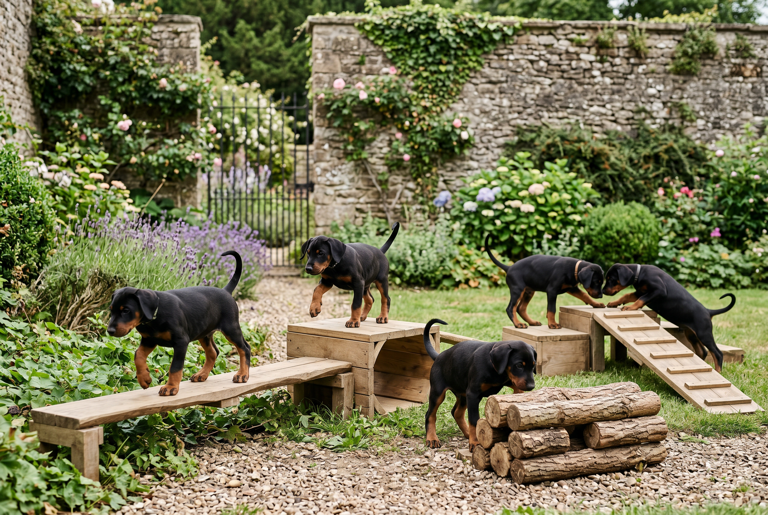 Chiots Dobermann en découverte dans le jardin clos