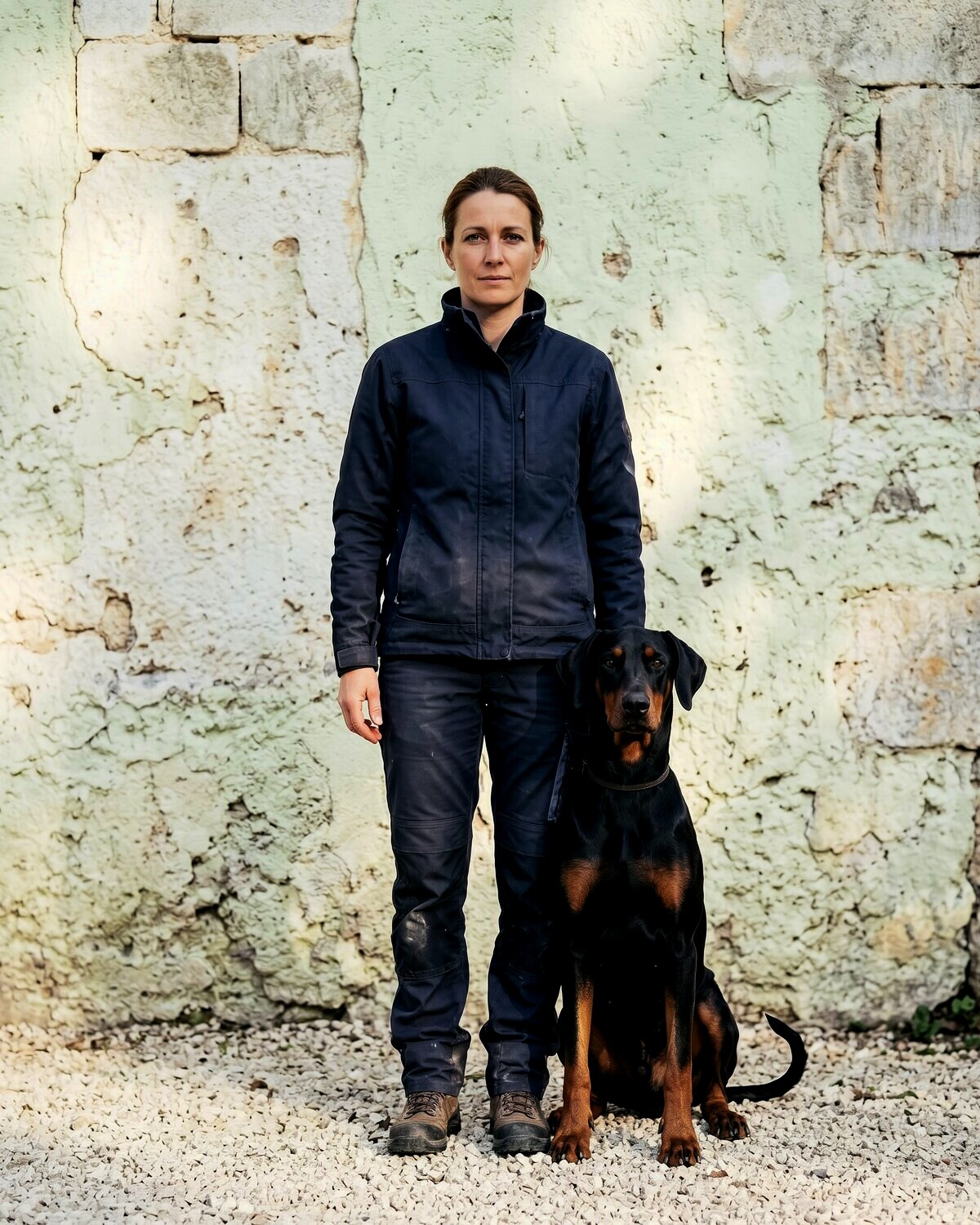 Camille Veyrac, éleveuse de Dobermann LOF, avec une chienne naturelle au Domaine de Veyrac