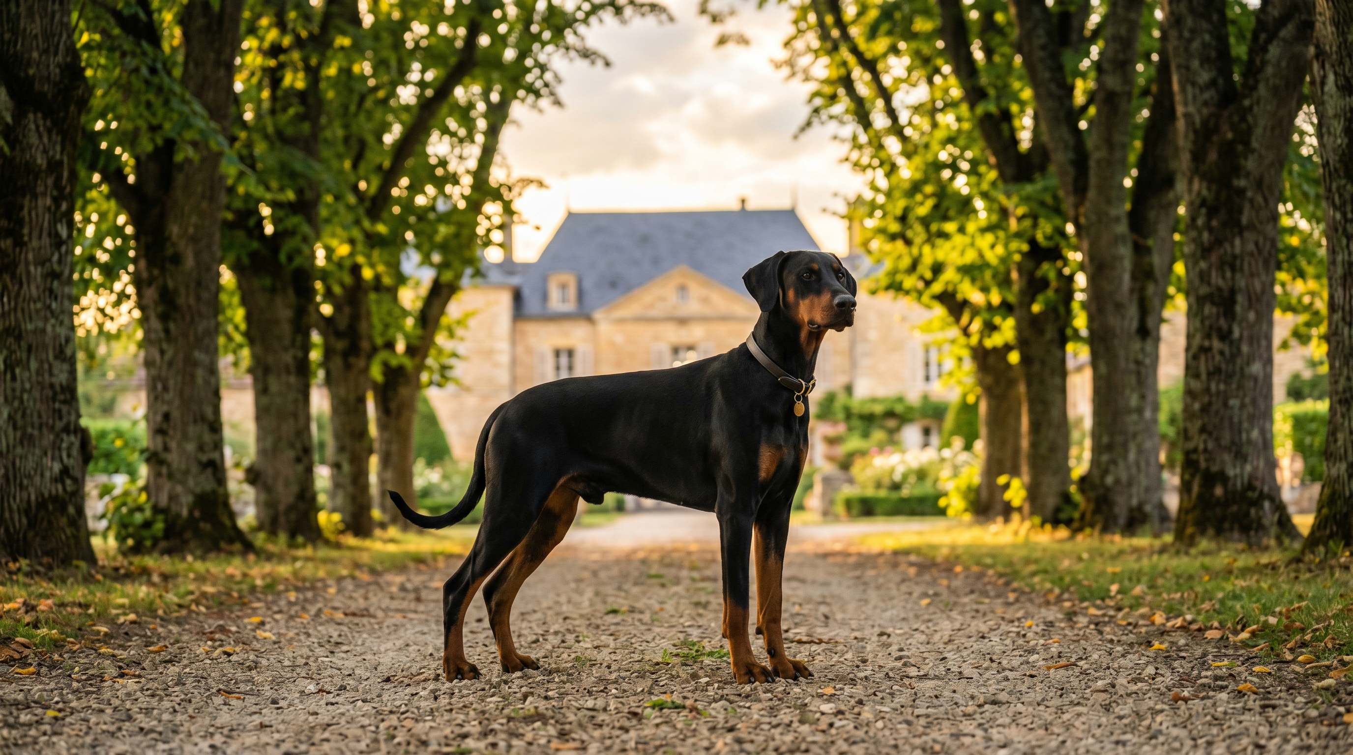 Allée du Domaine de Veyrac avec un Dobermann naturel