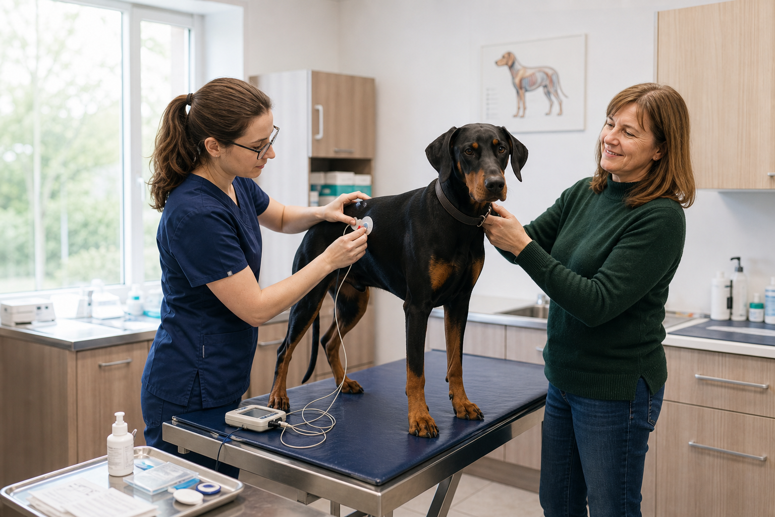 Préparation d’un Holter cardiaque sur un Dobermann aux oreilles naturelles