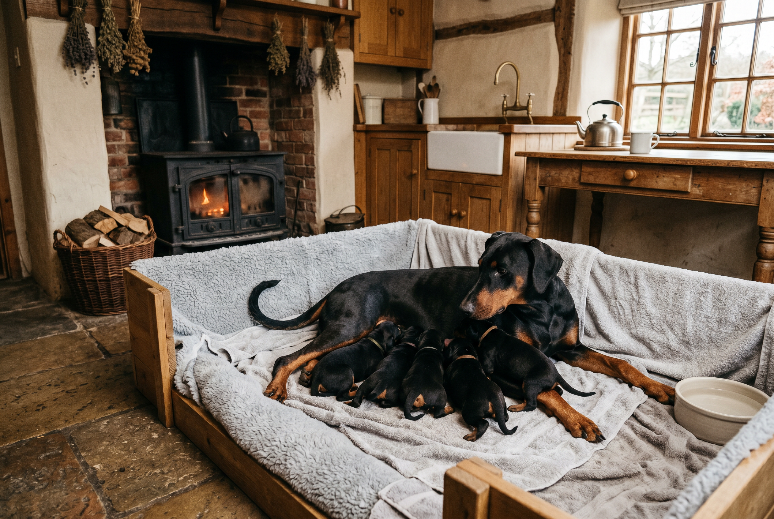 Mère Dobermann et chiots dans l’espace de mise bas du domaine